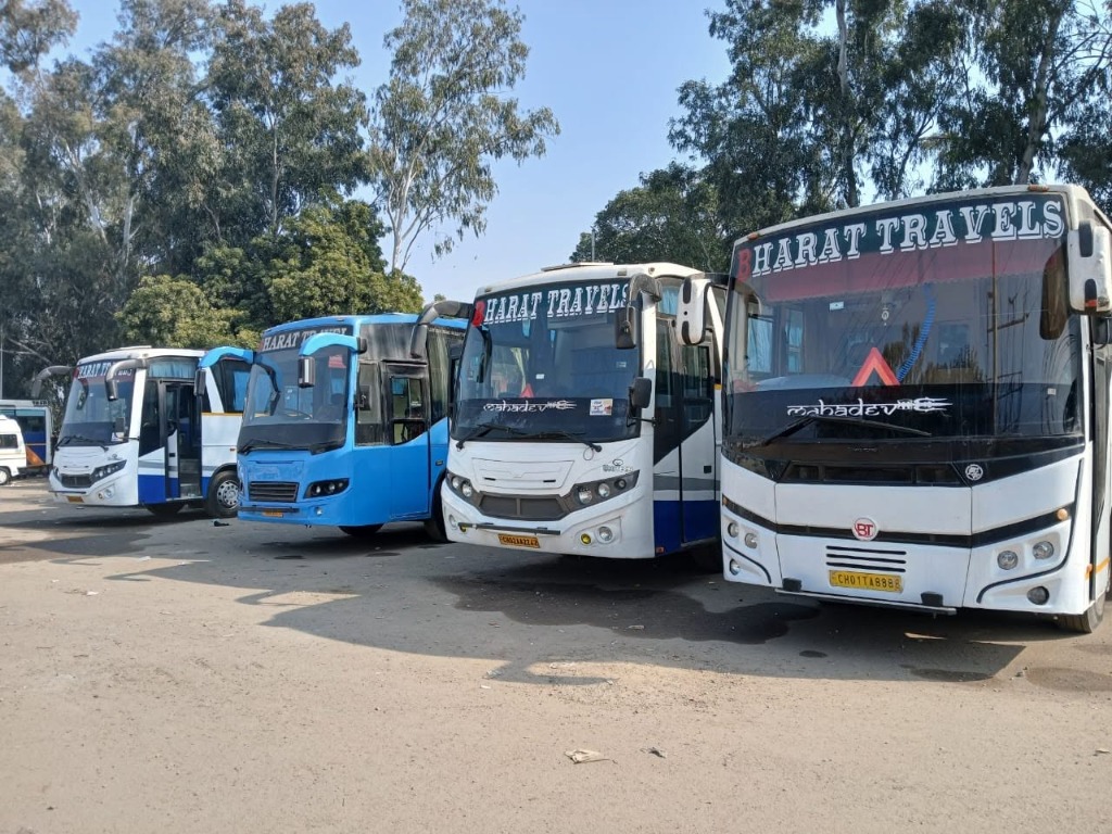 Bharat Bus Service In Zirakpur - Official Luxury AC Bus Fleet Parked Outside